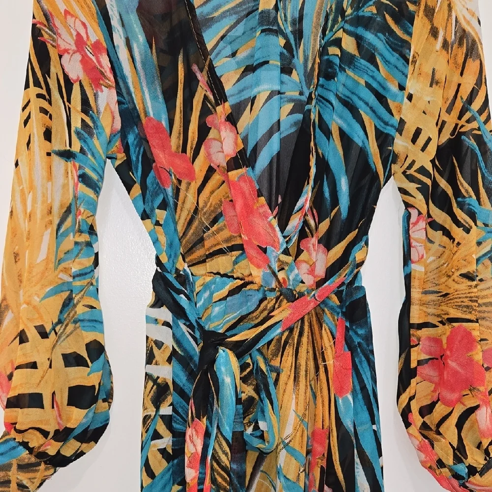 Vibrant Long Sleeve Tropical Sheer Plunging Neck Maxi Dress - Picture 3 of 6